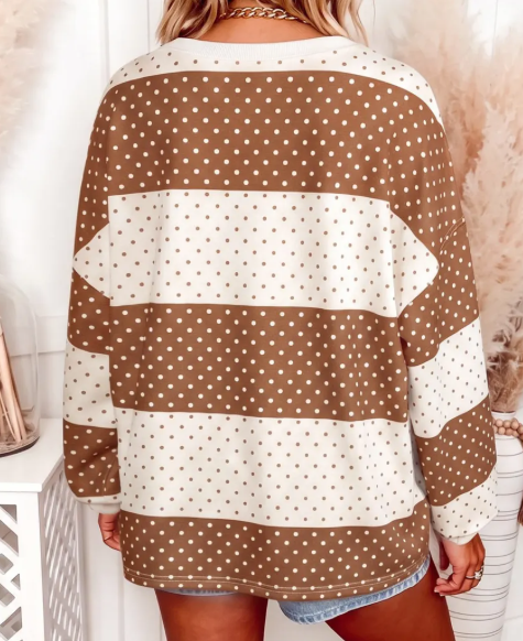 Lesley Brown Polka Dot Patchwork Colorblock Long Sleeve Top