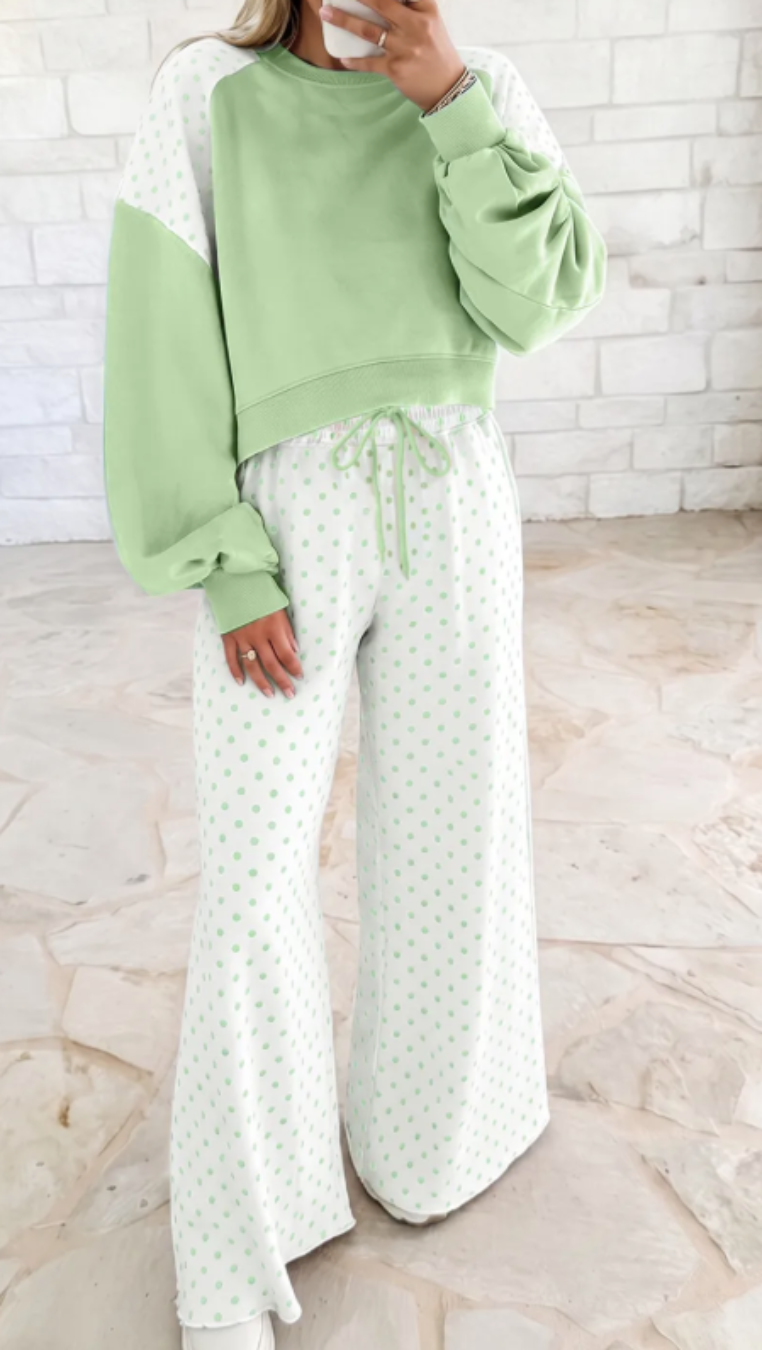 Sharie Green Polka Dot Patchwork Colorblock Long Sleeve Casual Two Piece Pants Set