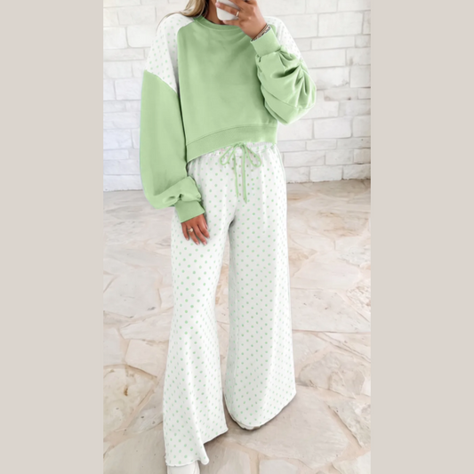 Sharie Green Polka Dot Patchwork Colorblock Long Sleeve Casual Two Piece Pants Set