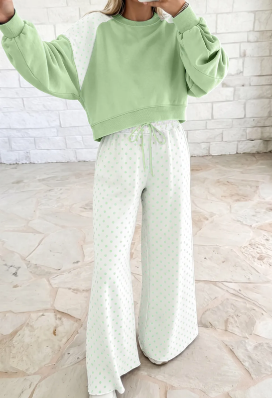 Sharie Green Polka Dot Patchwork Colorblock Long Sleeve Casual Two Piece Pants Set