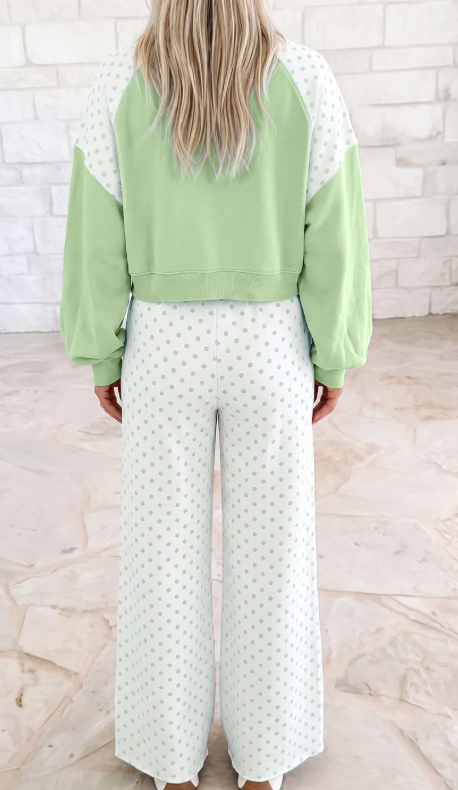Sharie Green Polka Dot Patchwork Colorblock Long Sleeve Casual Two Piece Pants Set