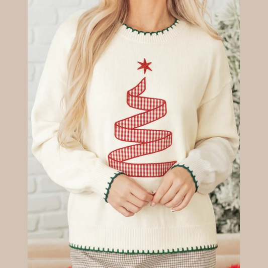 Racing Cream Stitched Detail Christmas Tree Holiday Casual Sweater