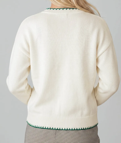Racing Cream Stitched Detail Christmas Tree Holiday Casual Sweater