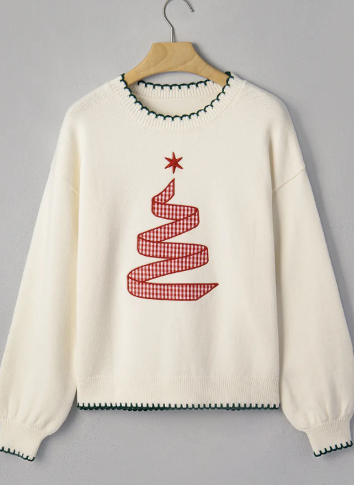 Racing Cream Stitched Detail Christmas Tree Holiday Casual Sweater