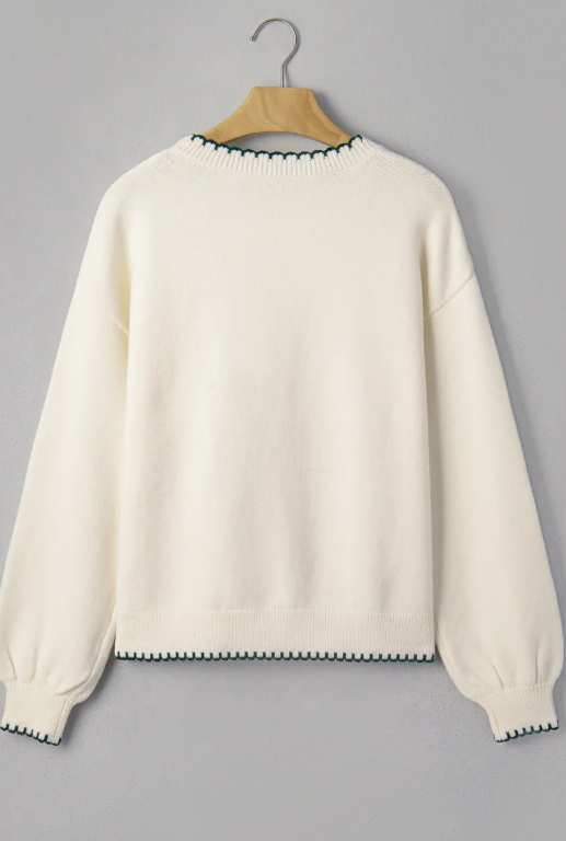 Racing Cream Stitched Detail Christmas Tree Holiday Casual Sweater
