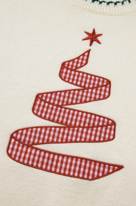 Racing Cream Stitched Detail Christmas Tree Holiday Casual Sweater