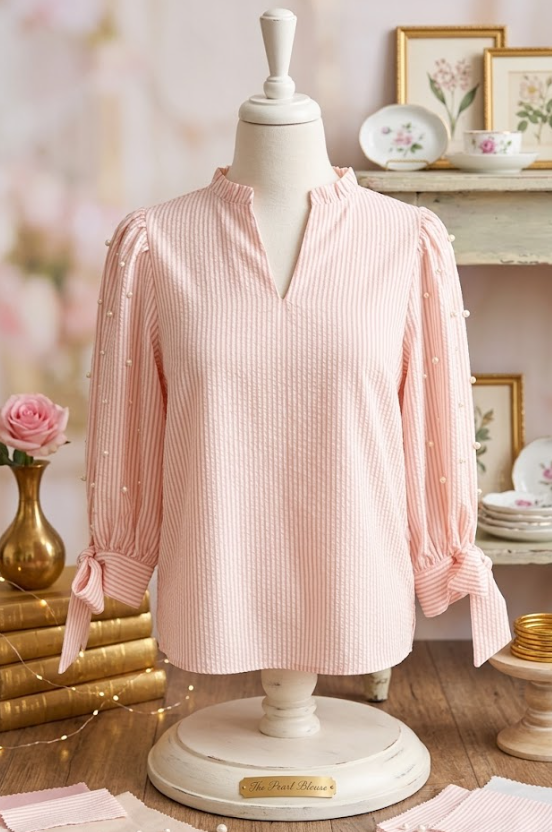Kandy Pink Stripe Bow Knot Cuff Pearl Embellished Puff Sleeve V Neck Blouse