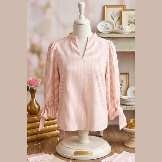 Kandy Pink Stripe Bow Knot Cuff Pearl Embellished Puff Sleeve V Neck Blouse