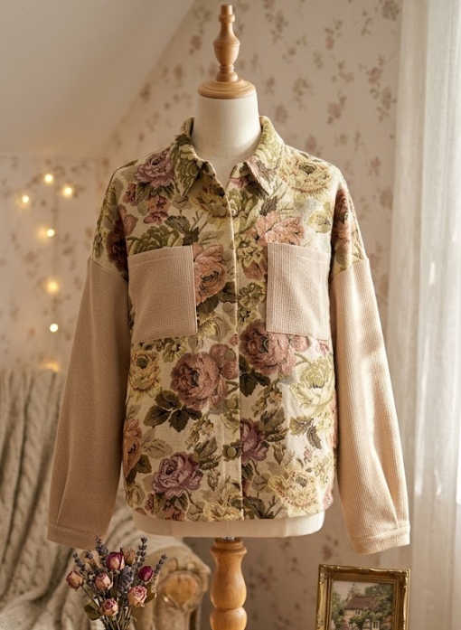 Lilyanne Khaki Floral Waffle Knit Patchwork Chest Pockets Buttoned Jacket