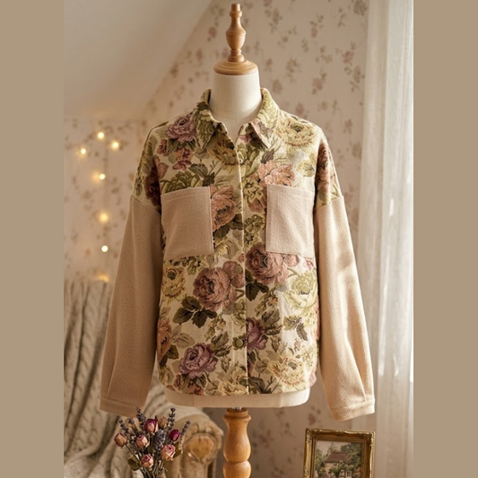 Lilyanne Khaki Floral Waffle Knit Patchwork Chest Pockets Buttoned Jacket
