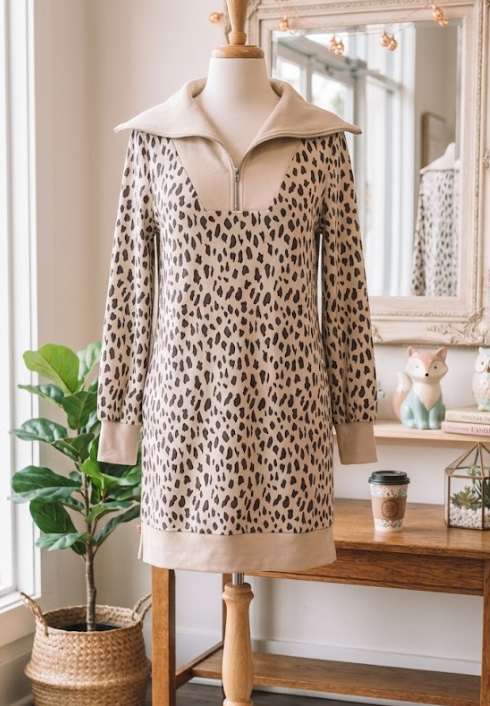 Marlise Khaki Leopard Print Zip up Collar Patchwork Shift Mini Dress