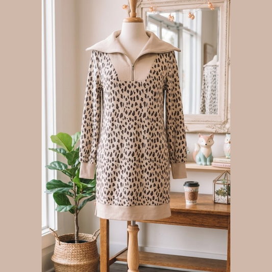 Marlise Khaki Leopard Print Zip up Collar Patchwork Shift Mini Dress