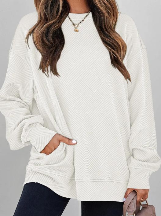 Madisyn White Textured Round Neck Drop Shoulder Pullover Sweatshirt