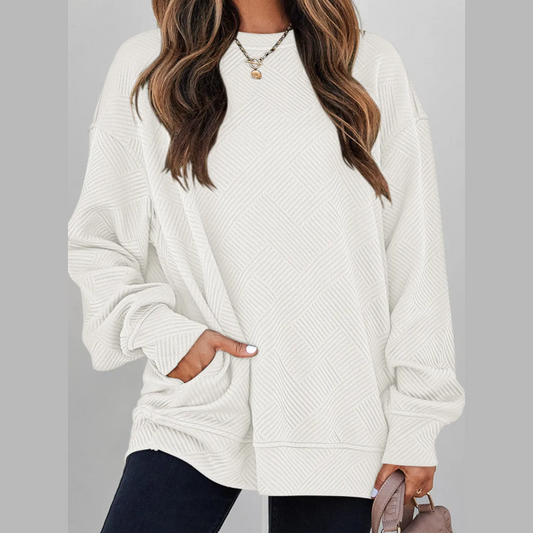 Madisyn White Textured Round Neck Drop Shoulder Pullover Sweatshirt