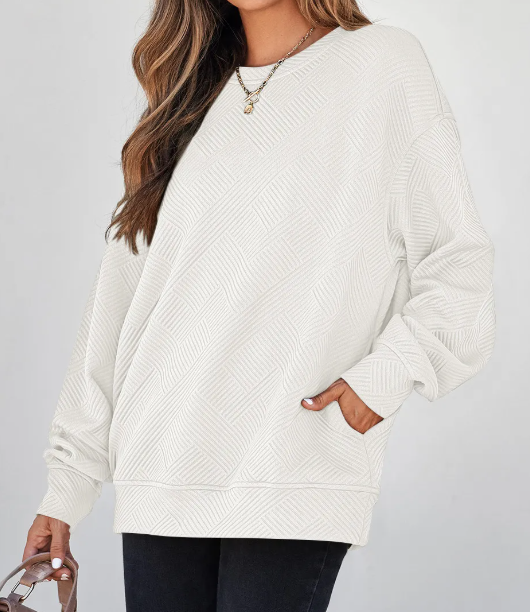 Madisyn White Textured Round Neck Drop Shoulder Pullover Sweatshirt
