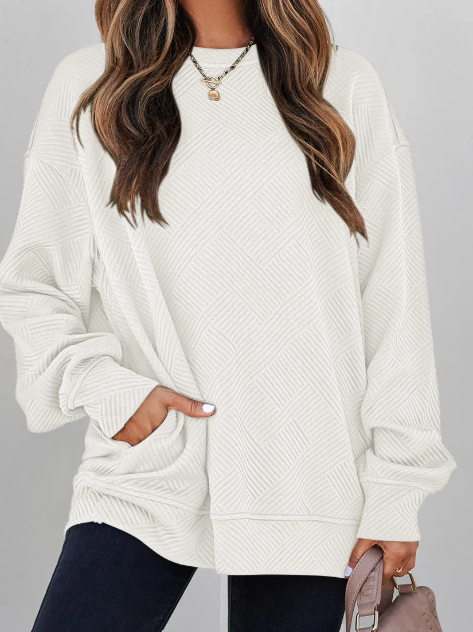 Madisyn White Textured Round Neck Drop Shoulder Pullover Sweatshirt