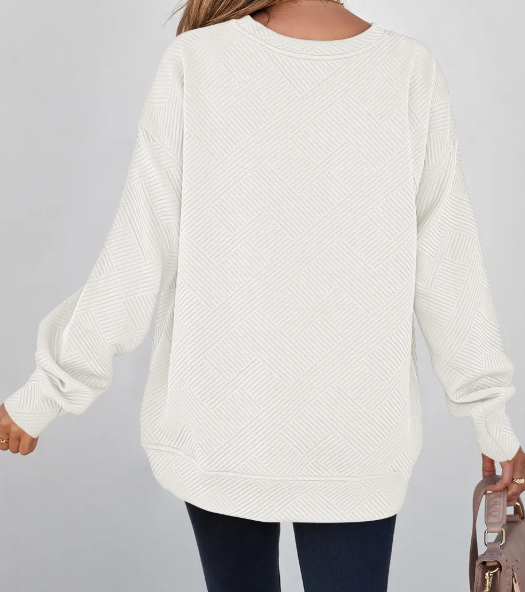 Madisyn White Textured Round Neck Drop Shoulder Pullover Sweatshirt