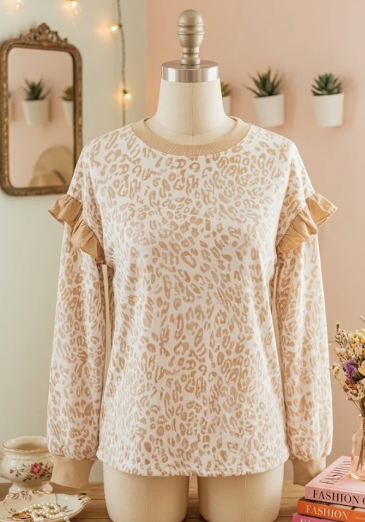 Kaydee Khaki Leopard Ruffle Detail Ribbed Trim Round Neck Sweatshirt