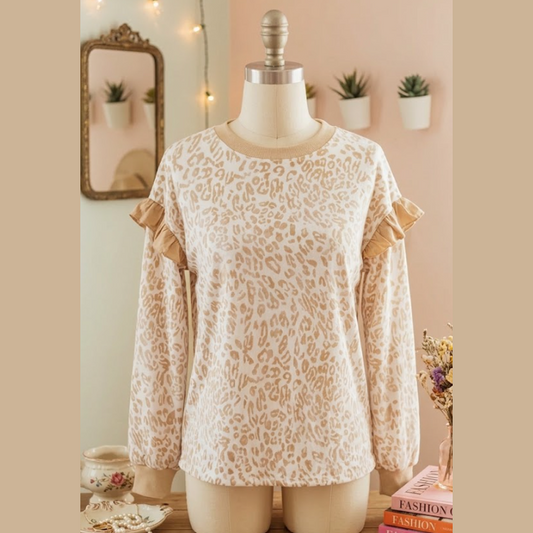 Kaydee Khaki Leopard Ruffle Detail Ribbed Trim Round Neck Sweatshirt