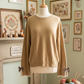 Aliza Tan Leopard Bow Decor Split Cuff Contrast Trim Sweater