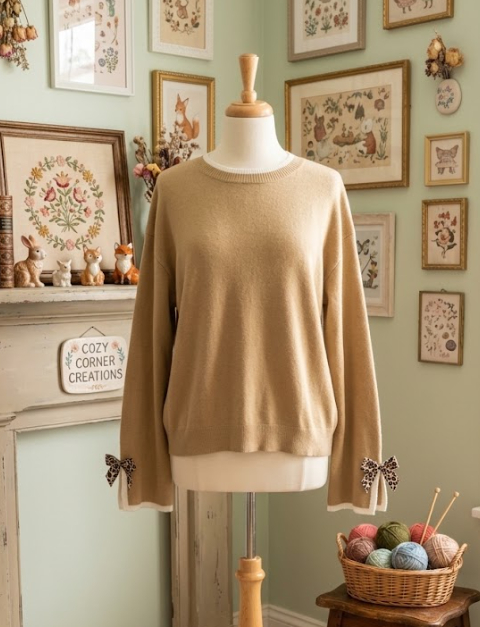 Aliza Tan Leopard Bow Decor Split Cuff Contrast Trim Sweater