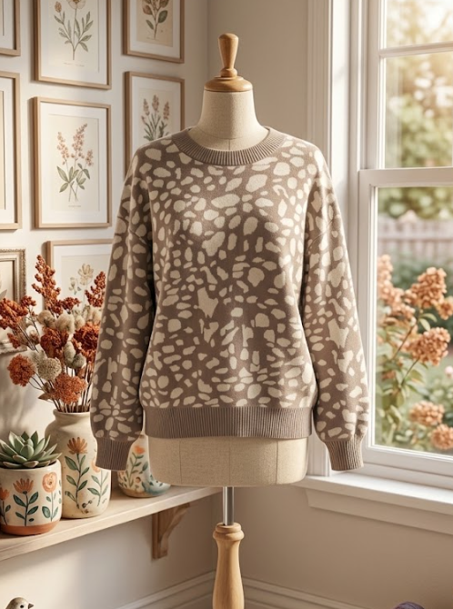 Carolina Leopard Spots Pattern Ribbed Trim Drop Shoulder Sweater