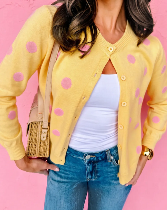 Allie Yellow Polka Dot Button Front Long Sleeve Sweater Cardigan