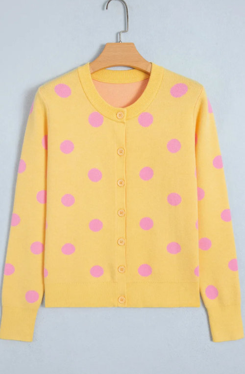 Allie Yellow Polka Dot Button Front Long Sleeve Sweater Cardigan