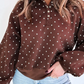 Lunette Brown Polka Dot Print Metal Button Collar Casual Pullover Sweatshirt