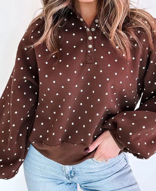 Lunette Brown Polka Dot Print Metal Button Collar Casual Pullover Sweatshirt