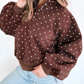 Lunette Brown Polka Dot Print Metal Button Collar Casual Pullover Sweatshirt