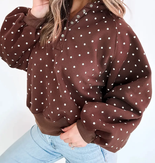 Lunette Brown Polka Dot Print Metal Button Collar Casual Pullover Sweatshirt