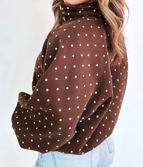 Lunette Brown Polka Dot Print Metal Button Collar Casual Pullover Sweatshirt