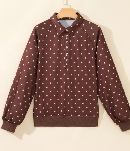 Lunette Brown Polka Dot Print Metal Button Collar Casual Pullover Sweatshirt