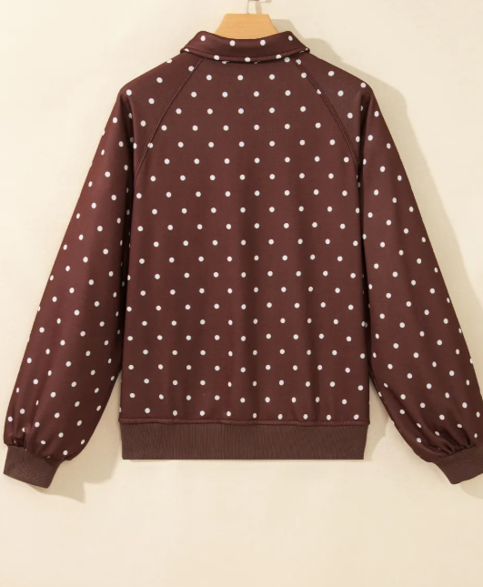 Lunette Brown Polka Dot Print Metal Button Collar Casual Pullover Sweatshirt