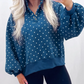 Lunette Blue Polka Dot Print Metal Button Collar Casual Pullover Sweatshirt