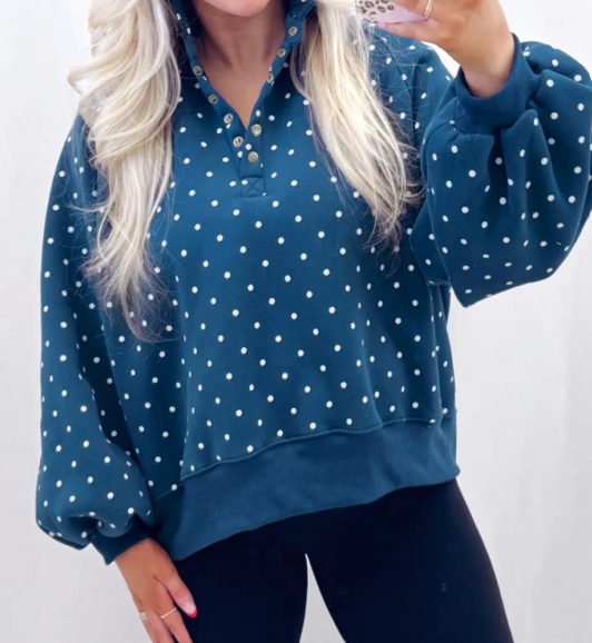 Lunette Blue Polka Dot Print Metal Button Collar Casual Pullover Sweatshirt