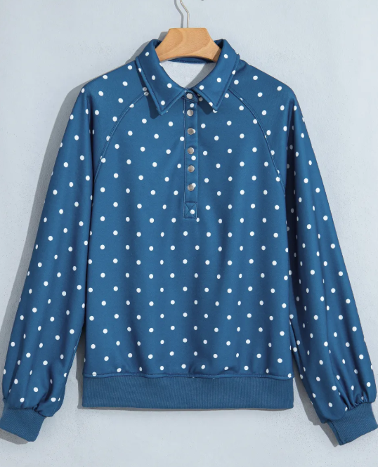 Lunette Blue Polka Dot Print Metal Button Collar Casual Pullover Sweatshirt