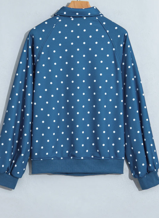 Lunette Blue Polka Dot Print Metal Button Collar Casual Pullover Sweatshirt