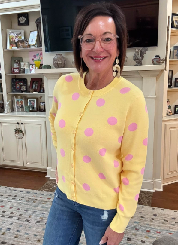 Allie Yellow Polka Dot Button Front Long Sleeve Sweater Cardigan
