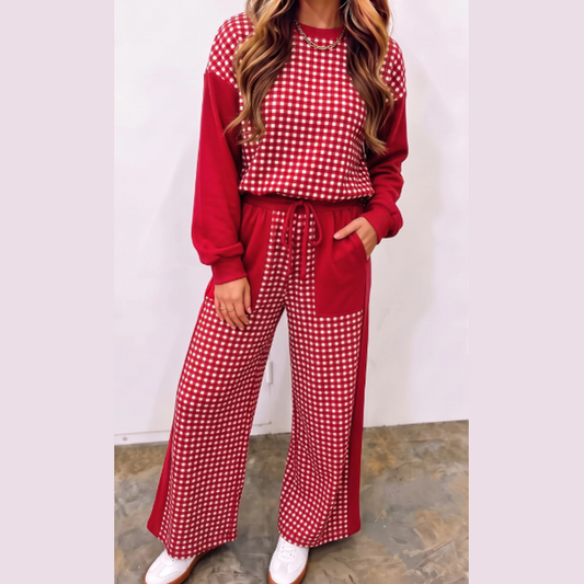 Kailey Red Color Block Plaid Patchwork Long Sleeve Pullover Wide Leg Pant Set