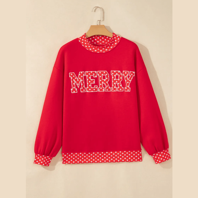 Merry Polka Dot Letter Print Contrast Trim Mock Neck Sweatshirt