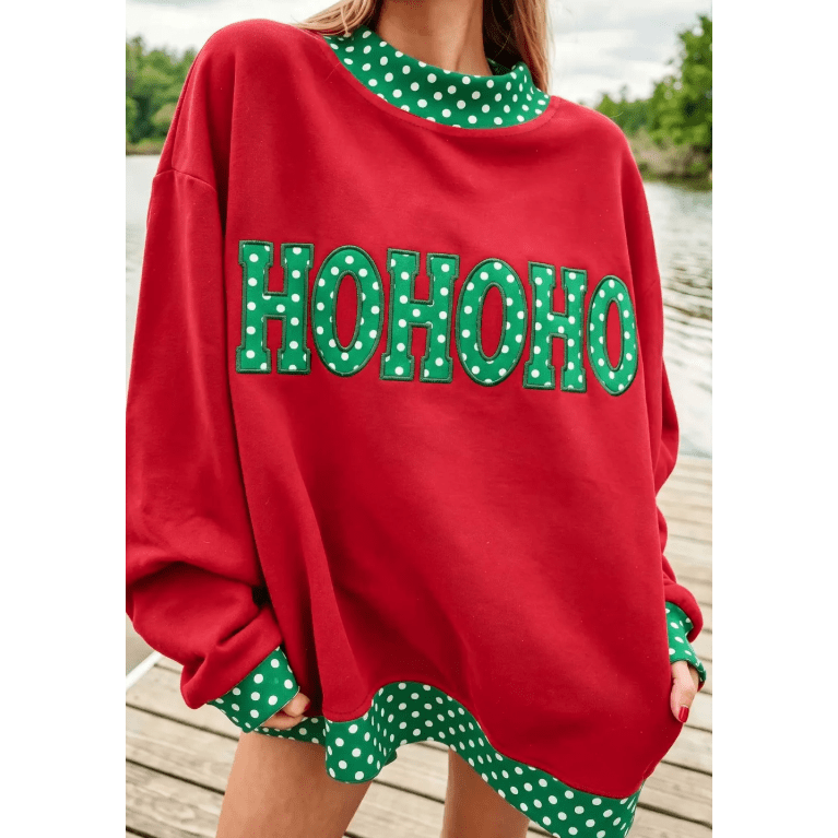 Ho Ho Ho Polka Dot Letter Print Contrast Trim Mock Neck Sweatshirt