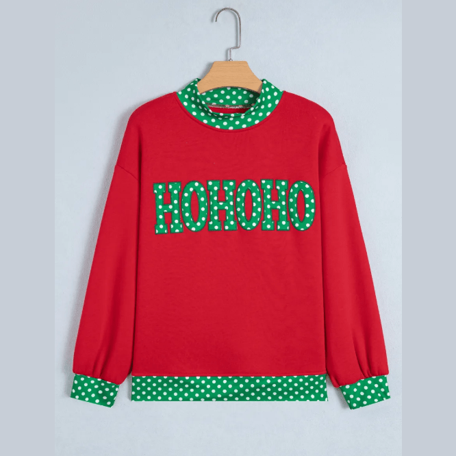 Ho Ho Ho Polka Dot Letter Print Contrast Trim Mock Neck Sweatshirt