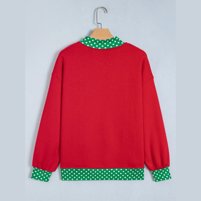 Ho Ho Ho Polka Dot Letter Print Contrast Trim Mock Neck Sweatshirt