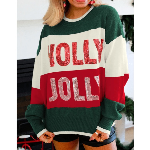 Green Sequined HOLLY JOLLY Color Block Crew Neck Sweater