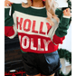 Green Sequined HOLLY JOLLY Color Block Crew Neck Sweater