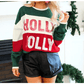 Green Sequined HOLLY JOLLY Color Block Crew Neck Sweater