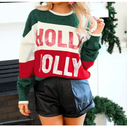 Green Sequined HOLLY JOLLY Color Block Crew Neck Sweater