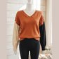 Edwina Desert Gold Colorblock Raw Edge Bubble Sleeve V Neck Sweater